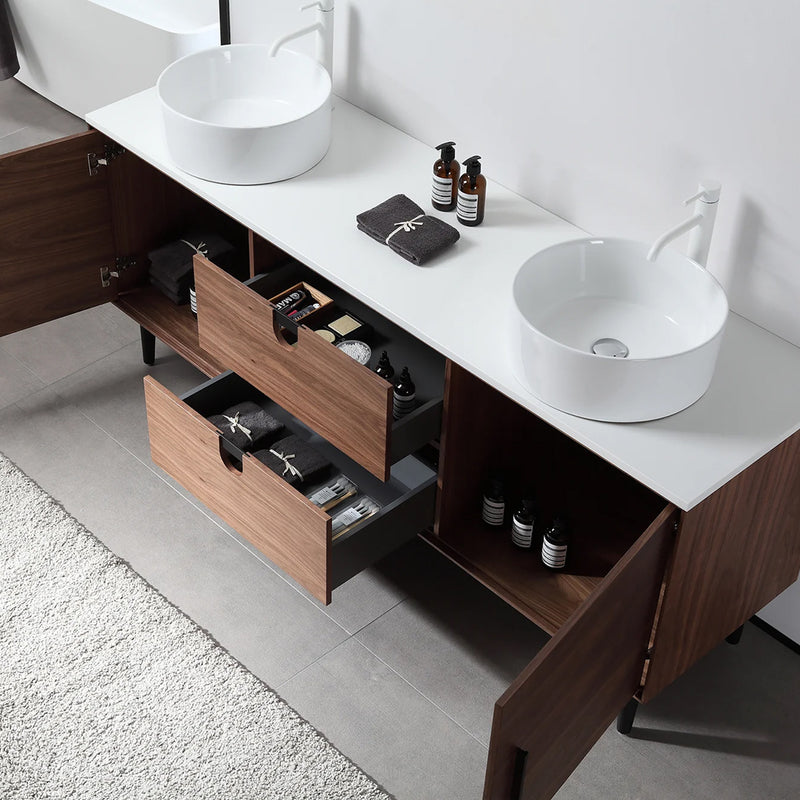 Portree 2 Drawers And 2 Doors Bathroom Vanity with Quartz top and Double Vessel Sinks - Floor Mount - 72" Wood/Walnut