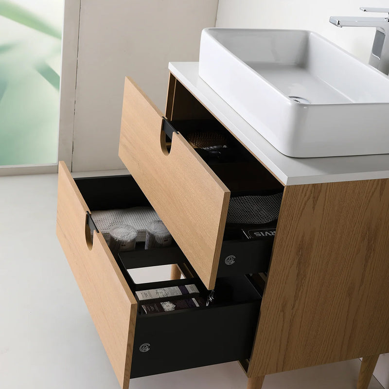 Portree 2 Drawers Bathroom Vanity with Quartz Top and Vessel Sink - Floor Mount - 30" Wood/Whitewash Oak