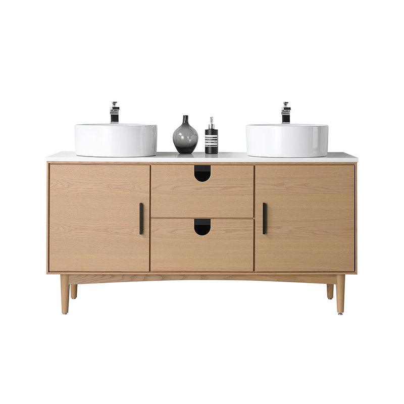 Portree 2 Drawers And 2 Doors Bathroom Vanity with Quartz Top and Double Vessel Sinks - Floor Mount - 60" Wood/Whitewash Oak