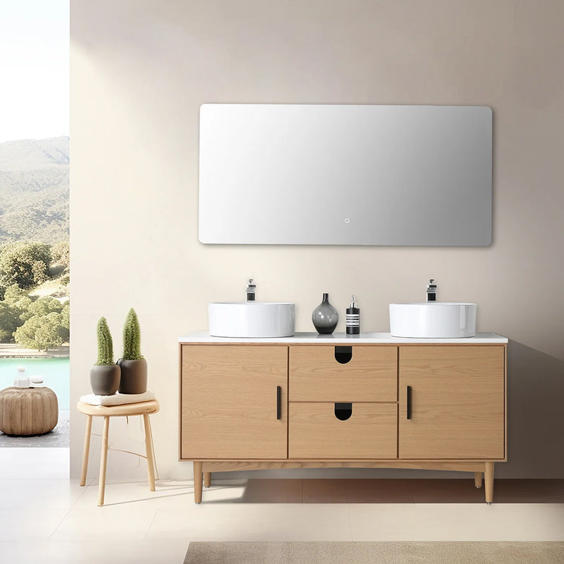 Portree 2 Drawers And 2 Doors Bathroom Vanity with Quartz Top and Double Vessel Sinks - Floor Mount - 60" Wood/Whitewash Oak
