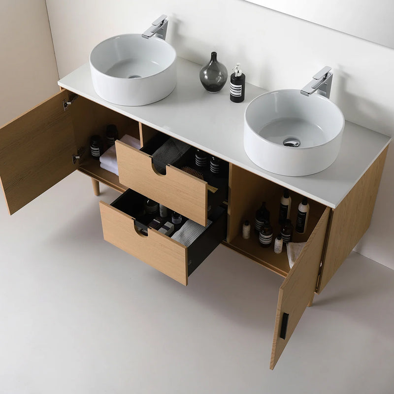 Portree 2 Drawers And 2 Doors Bathroom Vanity with Quartz Top and Double Vessel Sinks - Floor Mount - 60" Wood/Whitewash Oak