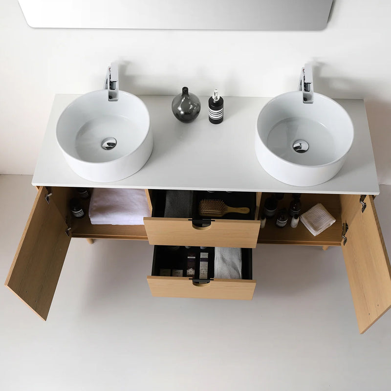 Portree 2 Drawers And 2 Doors Bathroom Vanity with Quartz Top and Double Vessel Sinks - Floor Mount - 60" Wood/Whitewash Oak