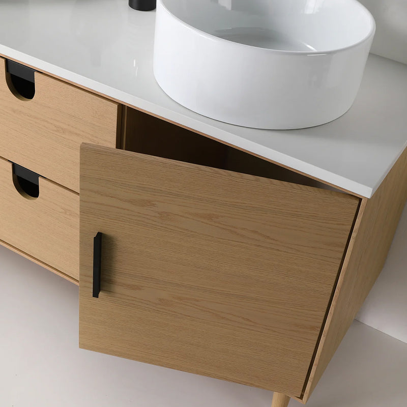 Portree 2 Drawers And 2 Doors Bathroom Vanity with Quartz Top and Double Vessel Sinks - Floor Mount - 60" Wood/Whitewash Oak