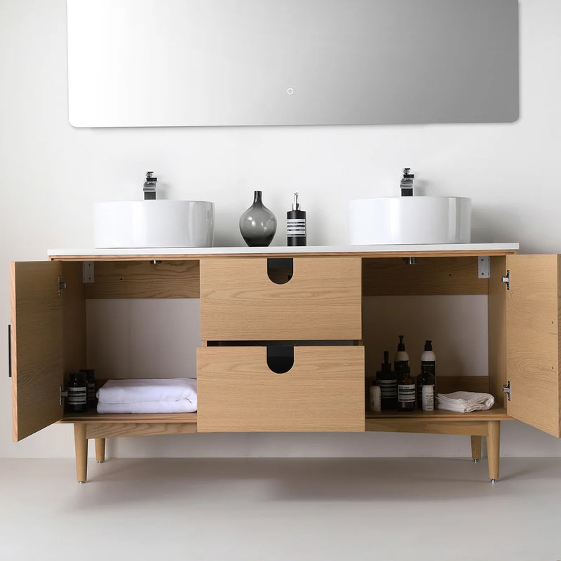 Portree 2 Drawers And 2 Doors Bathroom Vanity with Quartz Top and Double Vessel Sinks - Floor Mount - 60" Wood/Whitewash Oak