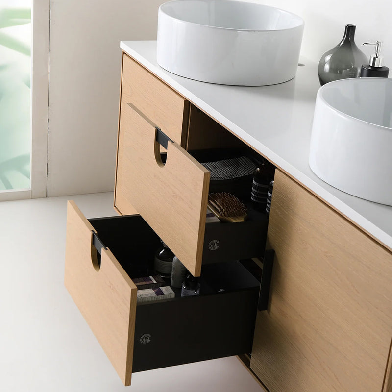 Portree 2 Drawers And 2 Doors Bathroom Vanity with Quartz Top and Double Vessel Sinks - Floor Mount - 60" Wood/Whitewash Oak