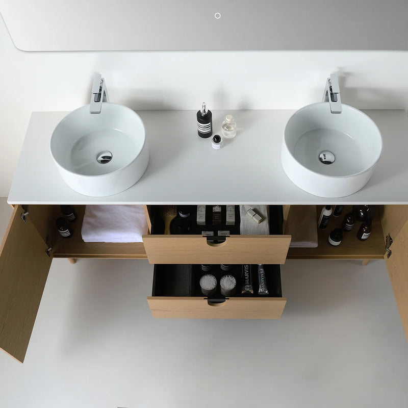 Portree 2 Drawers And 2 Doors Bathroom Vanity with Quartz Top and Double Vessel Sinks - Floor Mount - 72" Wood/Whitewash Oak