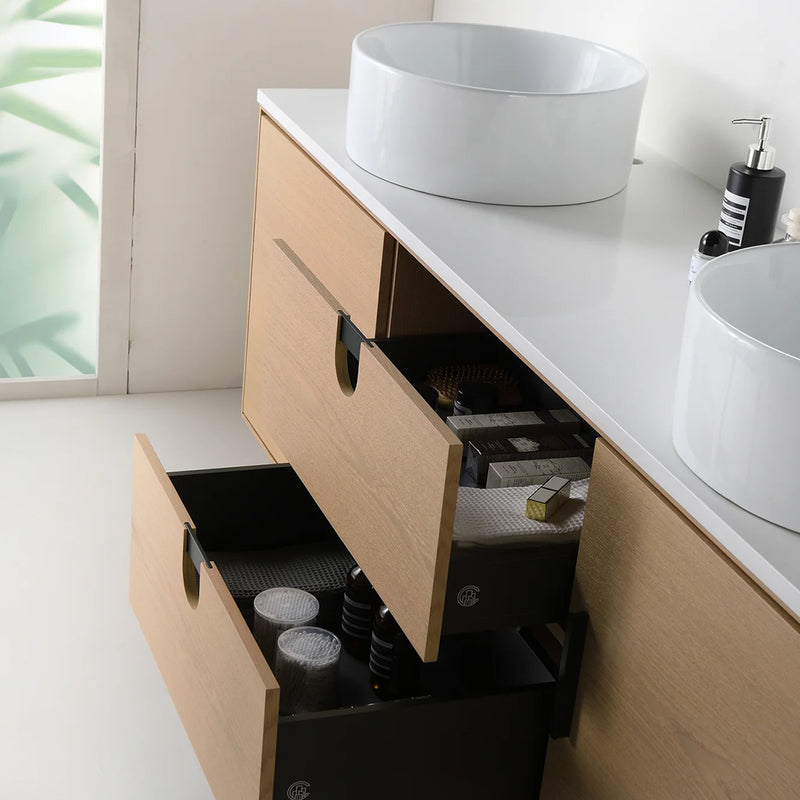 Portree 2 Drawers And 2 Doors Bathroom Vanity with Quartz Top and Double Vessel Sinks - Floor Mount - 72" Wood/Whitewash Oak