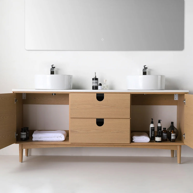 Portree 2 Drawers And 2 Doors Bathroom Vanity with Quartz Top and Double Vessel Sinks - Floor Mount - 72" Wood/Whitewash Oak
