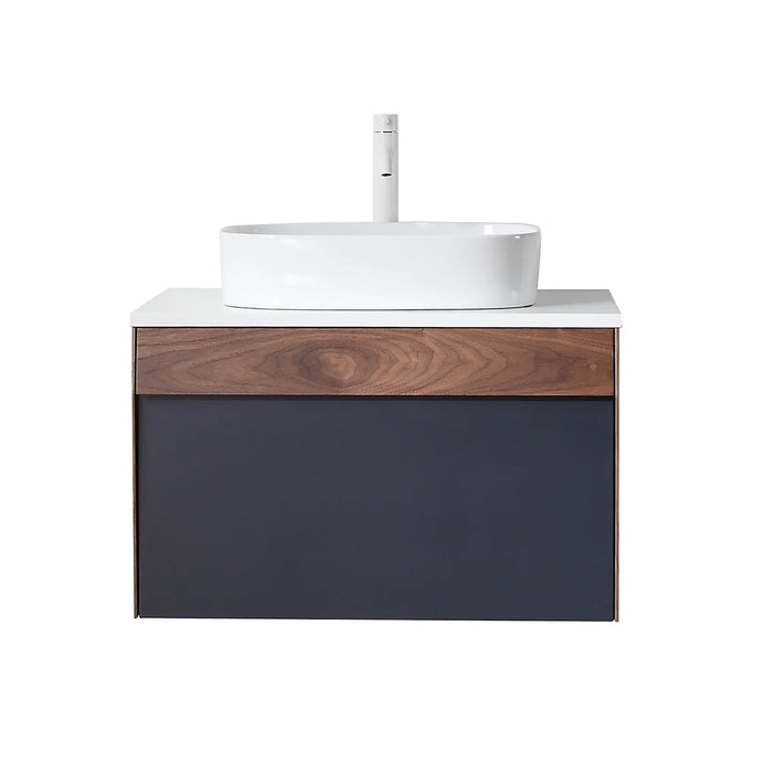 Ronda 1 Drawer Bathroom Vanity with Quartz Top and Vessel Sink - Wall Mount - 30" Wood/Dark Blue/Walnut