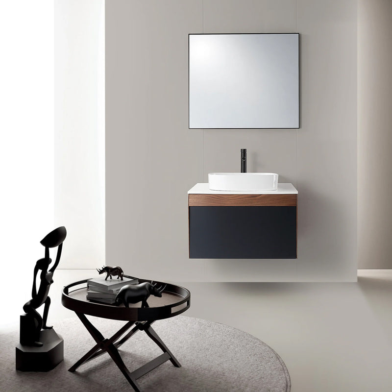 Ronda 1 Drawer Bathroom Vanity with Quartz Top and Vessel Sink - Wall Mount - 30" Wood/Dark Blue/Walnut