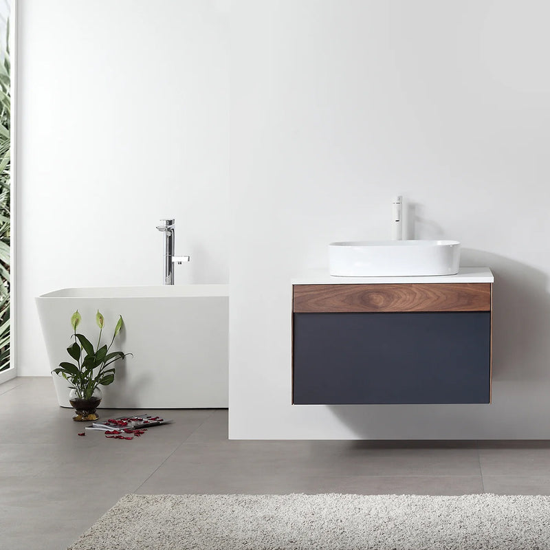 Ronda 1 Drawer Bathroom Vanity with Quartz Top and Vessel Sink - Wall Mount - 30" Wood/Dark Blue/Walnut