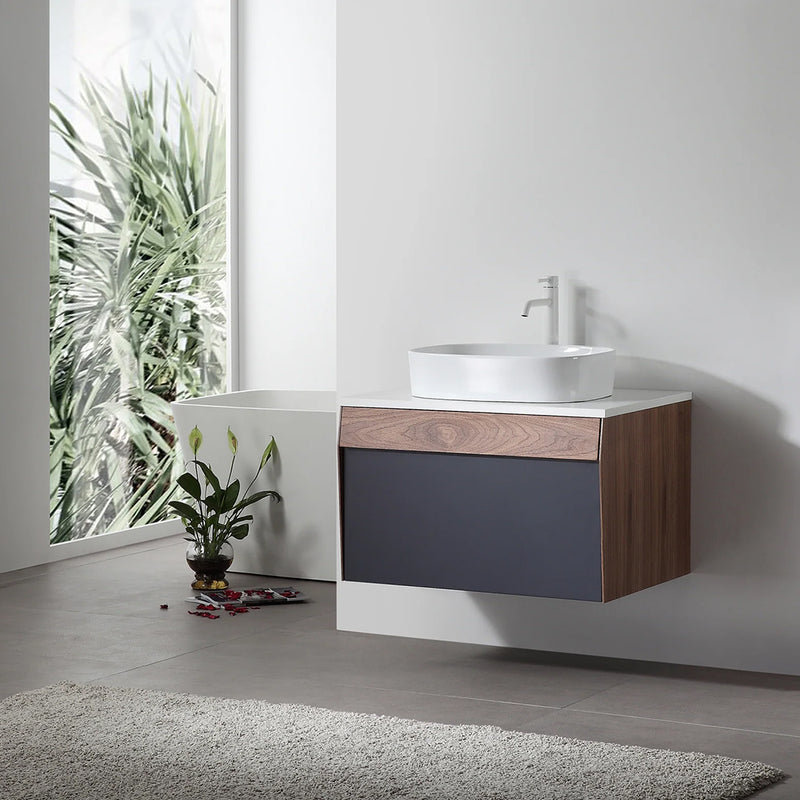 Ronda 1 Drawer Bathroom Vanity with Quartz Top and Vessel Sink - Wall Mount - 30" Wood/Dark Blue/Walnut