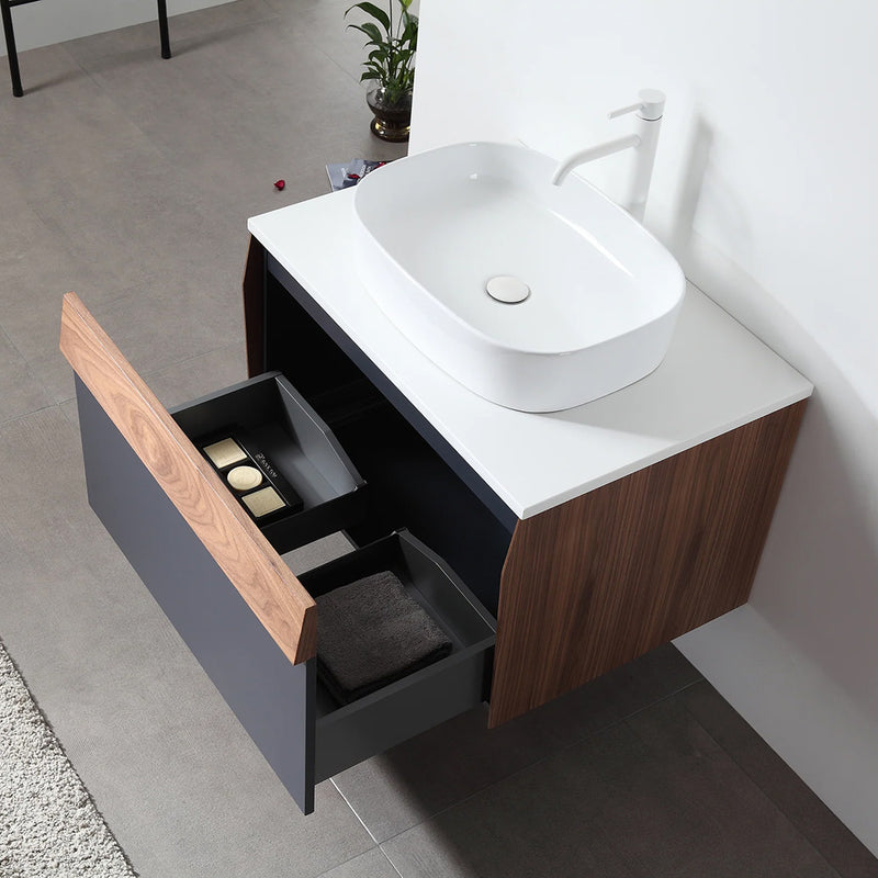 Ronda 1 Drawer Bathroom Vanity with Quartz Top and Vessel Sink - Wall Mount - 30" Wood/Dark Blue/Walnut