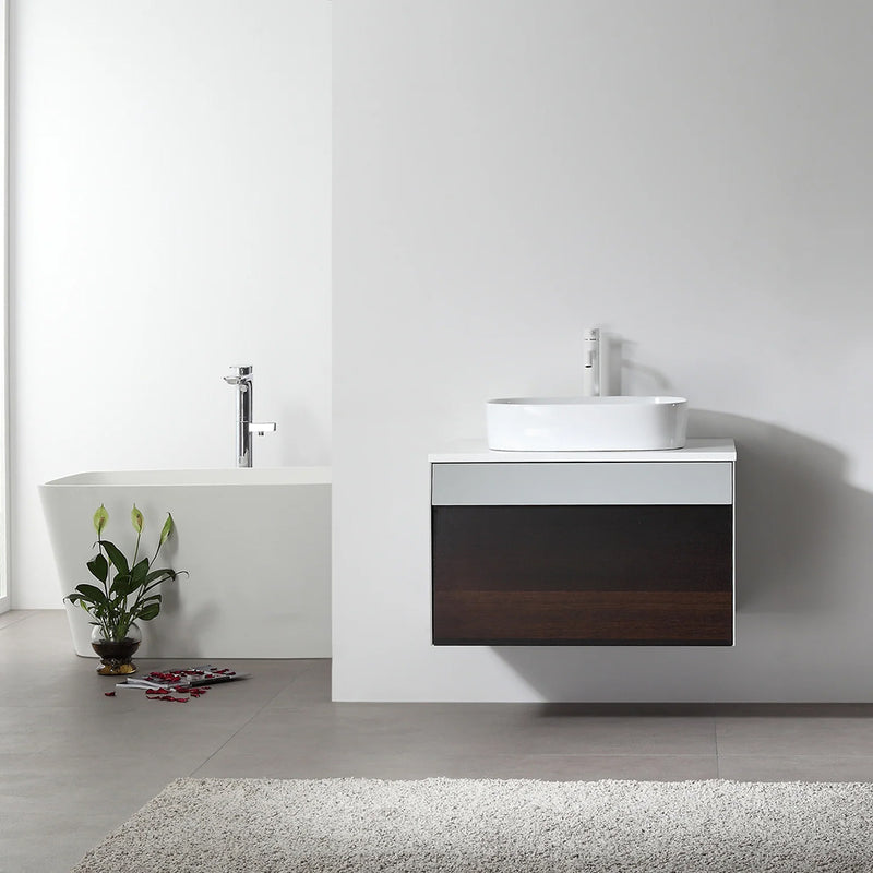 Ronda 1 Drawer Bathroom Vanity with Quartz Top and Vessel Sink - Wall Mount - 30" Wood/Smoke Gray Oak/Light Gray