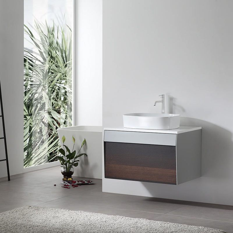 Ronda 1 Drawer Bathroom Vanity with Quartz Top and Vessel Sink - Wall Mount - 30" Wood/Smoke Gray Oak/Light Gray
