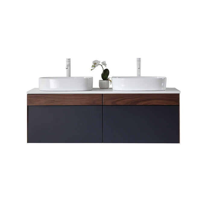 Ronda 2 Drawers Bathroom Vanity with Quartz Top and Vessel Sink - Wall Mount - 55" Wood/Dark Blue/Walnut