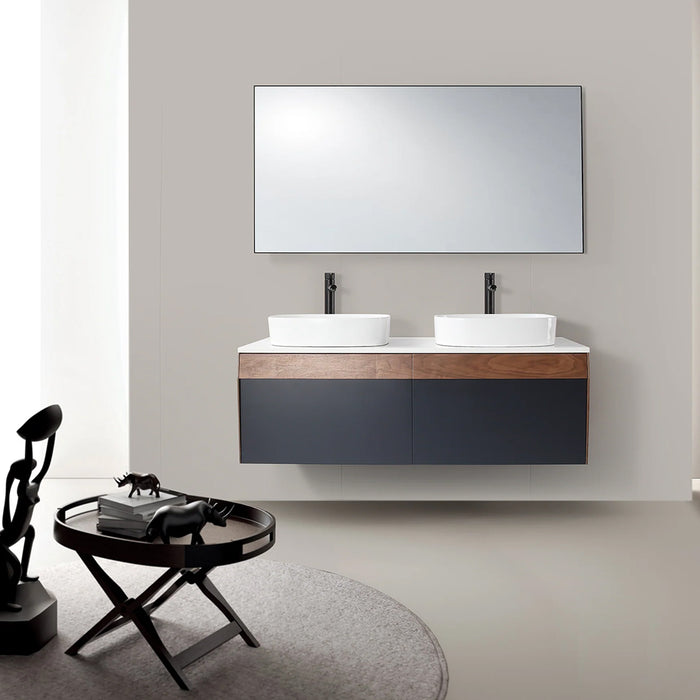 Ronda 2 Drawers Bathroom Vanity with Quartz Top and Vessel Sink - Wall Mount - 55" Wood/Dark Blue/Walnut