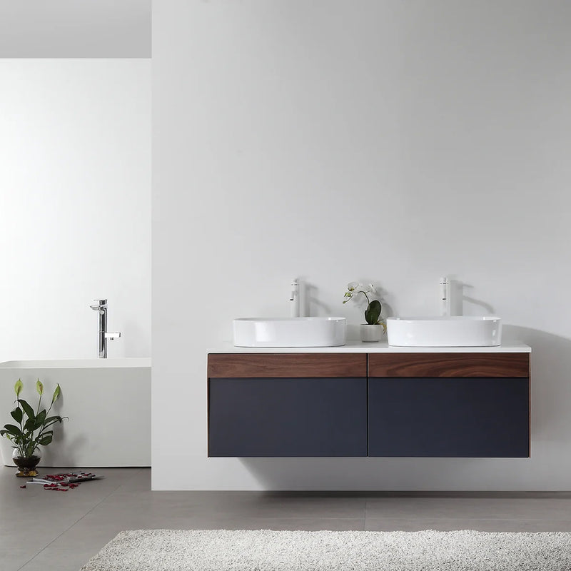 Ronda 2 Drawers Bathroom Vanity with Quartz Top and Vessel Sink - Wall Mount - 55" Wood/Dark Blue/Walnut