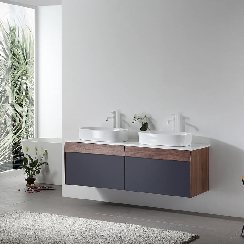 Ronda 2 Drawers Bathroom Vanity with Quartz Top and Vessel Sink - Wall Mount - 55" Wood/Dark Blue/Walnut