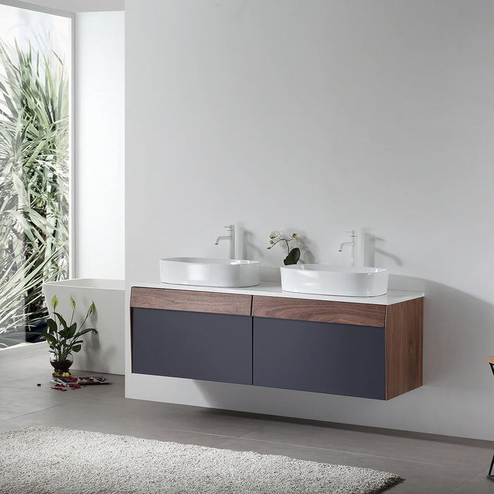 Ronda 2 Drawers Bathroom Vanity with Quartz Top and Vessel Sink - Wall Mount - 55" Wood/Dark Blue/Walnut