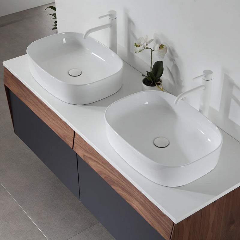 Ronda 2 Drawers Bathroom Vanity with Quartz Top and Vessel Sink - Wall Mount - 55" Wood/Dark Blue/Walnut