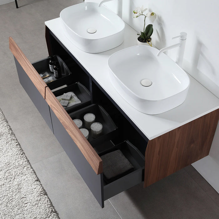 Ronda 2 Drawers Bathroom Vanity with Quartz Top and Vessel Sink - Wall Mount - 55" Wood/Dark Blue/Walnut