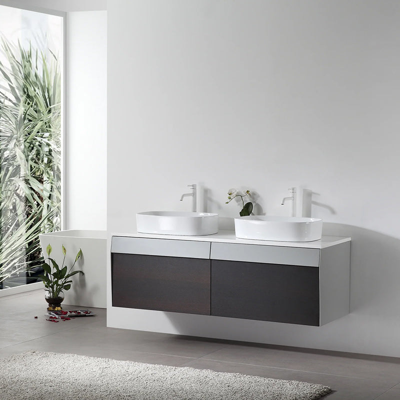 Ronda 2 Drawers Bathroom Vanity with Quartz Top and Vessel Sink - Wall Mount - 55" Wood/Smoke Gray Oak/Light Gray