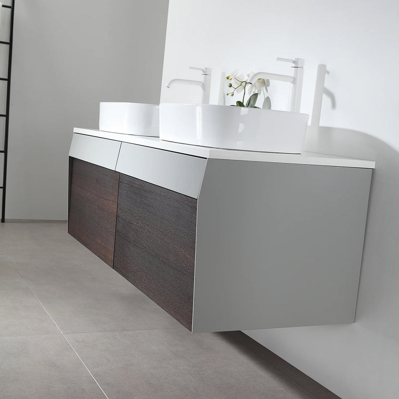 Ronda 2 Drawers Bathroom Vanity with Quartz Top and Vessel Sink - Wall Mount - 55" Wood/Smoke Gray Oak/Light Gray