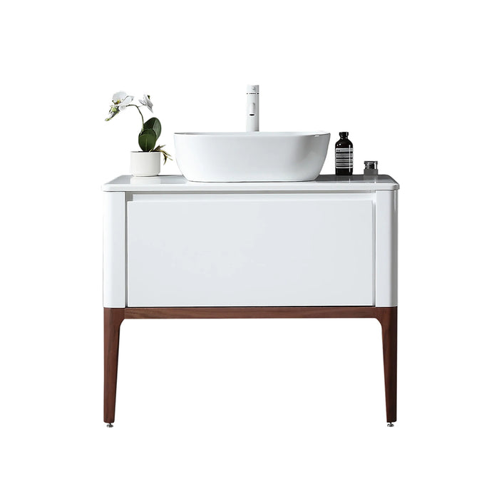 Sebastian 1 Drawer Bathroom Vanity with Quartz Top and Vessel Sink - Floor Mount - 36" Wood/Gloss White/Dark Walnut