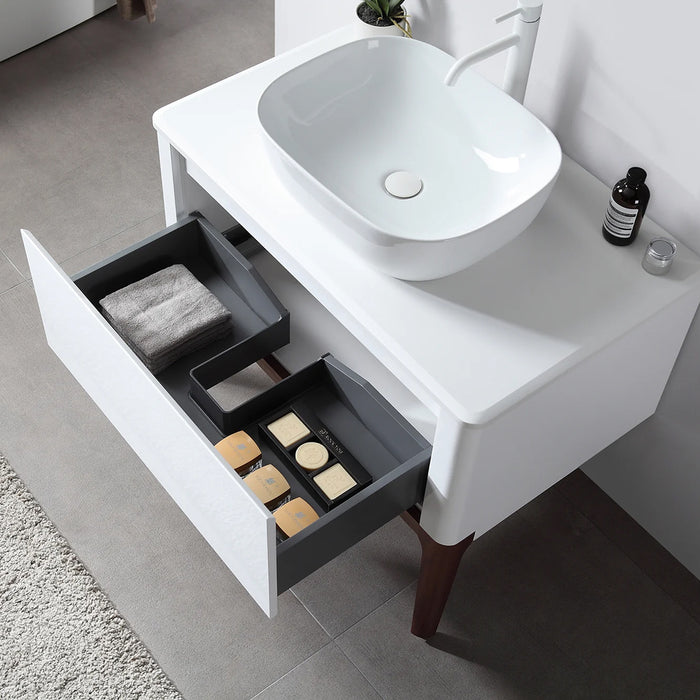 Sebastian 1 Drawer Bathroom Vanity with Quartz Top and Vessel Sink - Floor Mount - 36" Wood/Gloss White/Dark Walnut