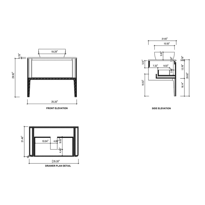 Sebastian 1 Drawer Bathroom Vanity with Quartz Top and Vessel Sink - Floor Mount - 36" Wood/Gloss White/Dark Walnut