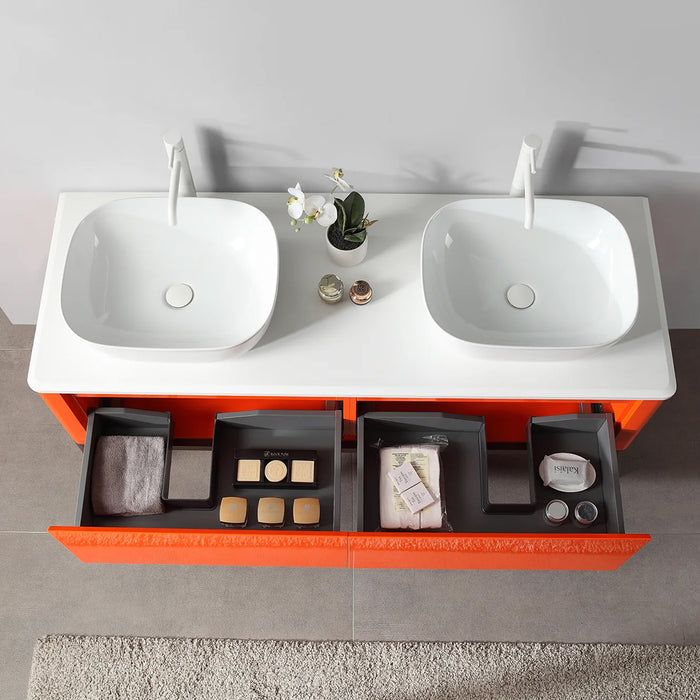 Sebastian 2 Drawers Bathroom Vanity with Quartz Top and Vessel Sink - Floor Mount - 60" Wood/Red Amber/Dark Walnut