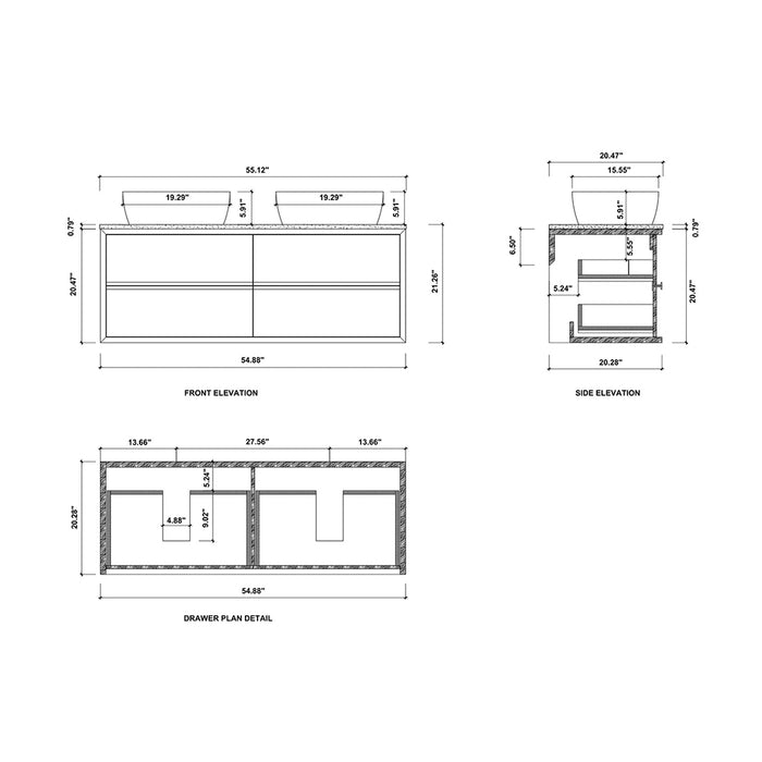 Sintra 4 Drawers Bathroom Vanity with Quartz Top and Vessel Sink - Wall Mount - 55" Wood/Whitewash Oak