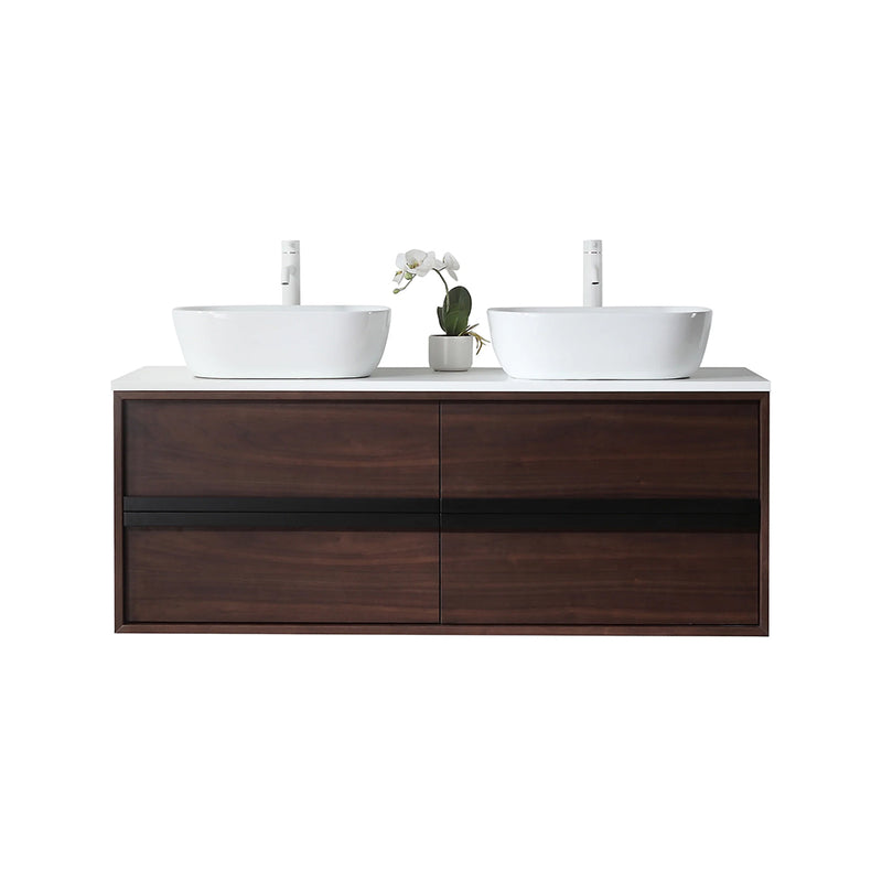 Sintra 4 Drawers Bathroom Vanity with Quartz Top and Vessel Sink - Wall Mount - 55" Wood/Dark Walnut