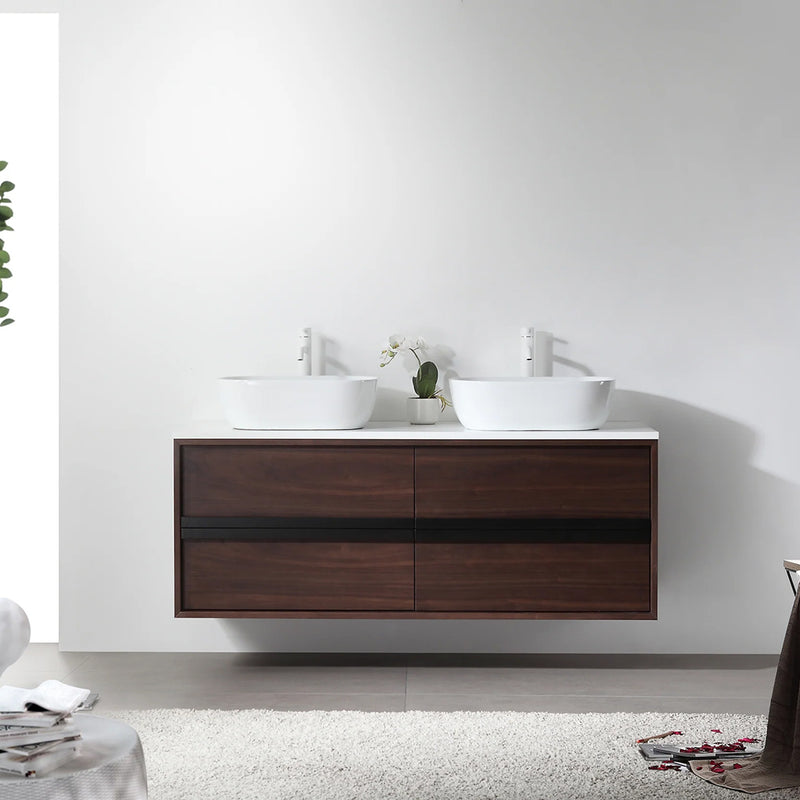 Sintra 4 Drawers Bathroom Vanity with Quartz Top and Vessel Sink - Wall Mount - 55" Wood/Dark Walnut