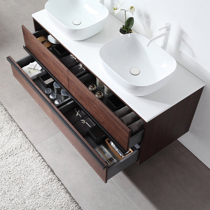 Sintra 4 Drawers Bathroom Vanity with Quartz Top and Vessel Sink - Wall Mount - 55" Wood/Dark Walnut