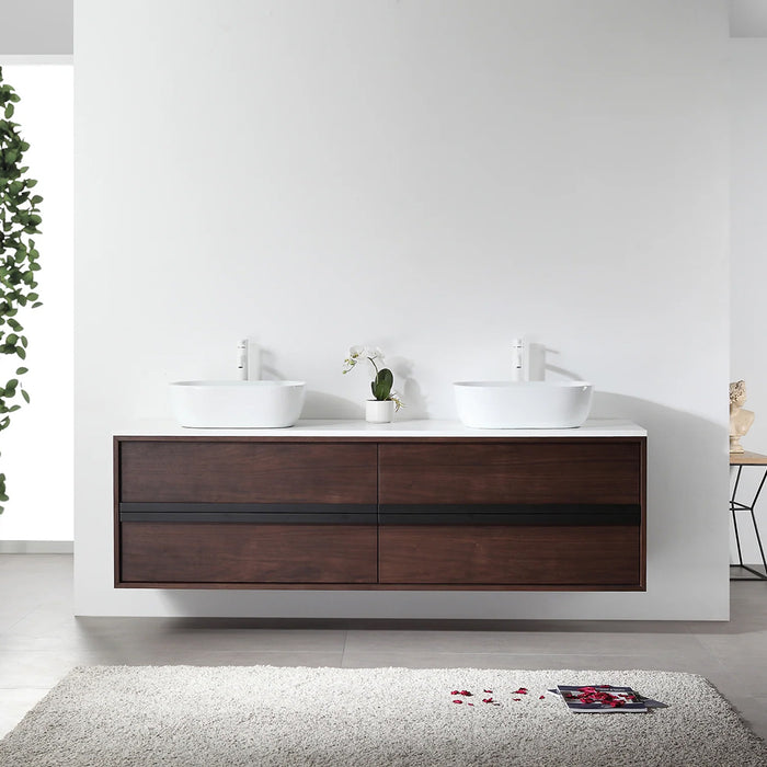 Sintra 4 Drawers Bathroom Vanity with Quartz Top and Vessel Sink - Wall Mount - 72" Wood/Dark Walnut