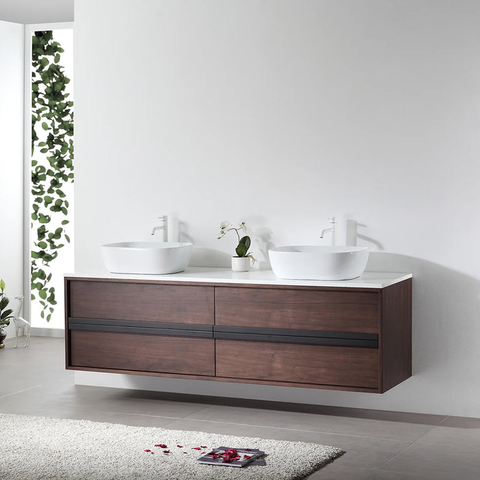 Sintra 4 Drawers Bathroom Vanity with Quartz Top and Vessel Sink - Wall Mount - 72" Wood/Dark Walnut