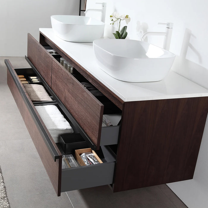 Sintra 4 Drawers Bathroom Vanity with Quartz Top and Vessel Sink - Wall Mount - 72" Wood/Dark Walnut