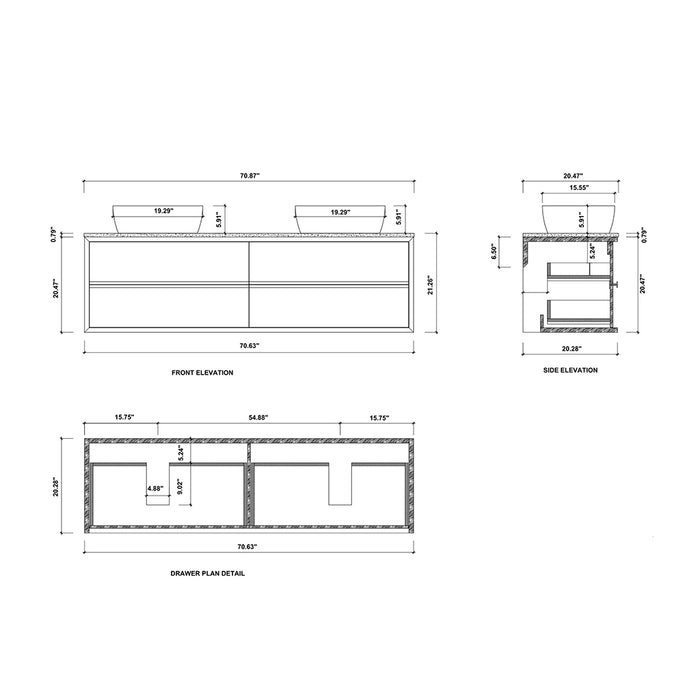 Sintra 4 Drawers Bathroom Vanity with Quartz Top and Vessel Sink - Wall Mount - 72" Wood/Dark Walnut