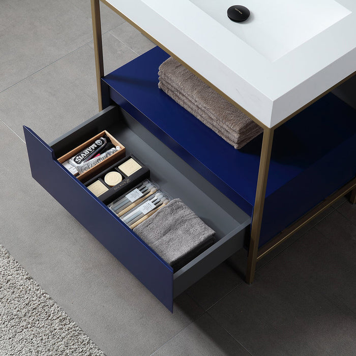 Texel 1 Drawer And 1 Open Shelf Bathroom Vanity with Quartz Sink - Floor Mount - 30" Wood/Metal/Navy Blue/Gold