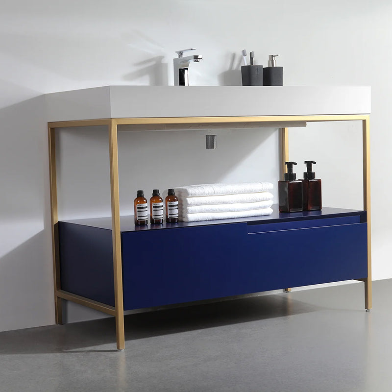 Texel 1 Drawer And 1 Open Shelf Bathroom Vanity with Quartz Sink - Floor Mount - 42" Wood/Metal/Navy Blue/Gold