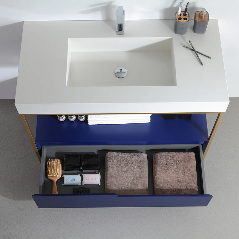 Texel 1 Drawer And 1 Open Shelf Bathroom Vanity with Quartz Sink - Floor Mount - 42" Wood/Metal/Navy Blue/Gold