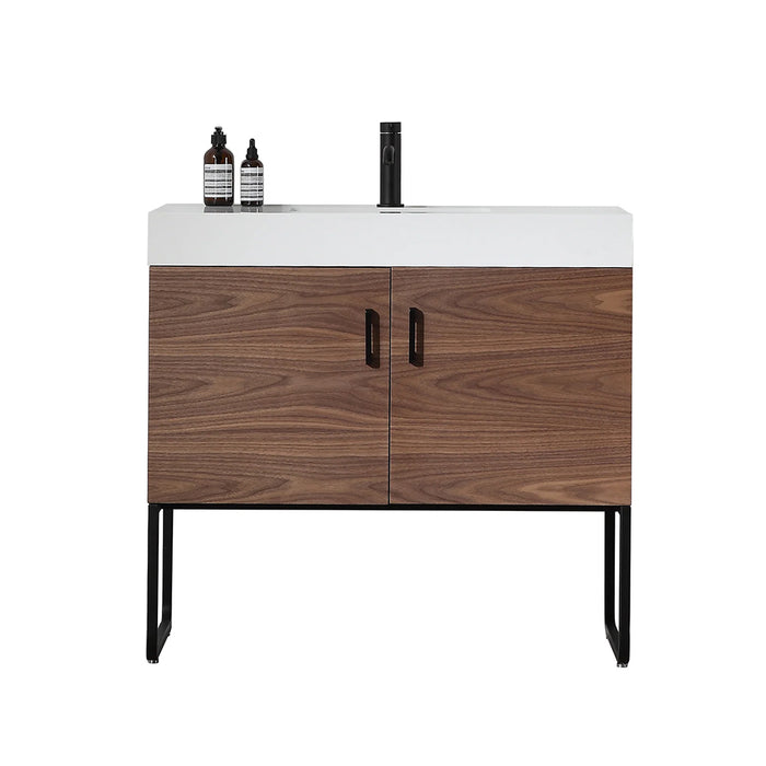 Veemon 2 Doors Bathroom Vanity with Quartz Sink - Floor Mount - 36" Wood/Metal/Walnut/Black