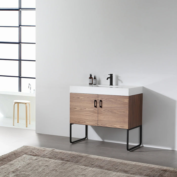 Veemon 2 Doors Bathroom Vanity with Quartz Sink - Floor Mount - 36" Wood/Metal/Walnut/Black