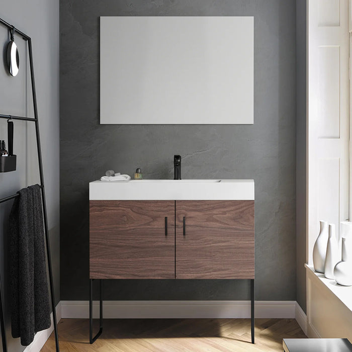 Veemon 2 Doors Bathroom Vanity with Quartz Sink - Floor Mount - 36" Wood/Metal/Walnut/Black