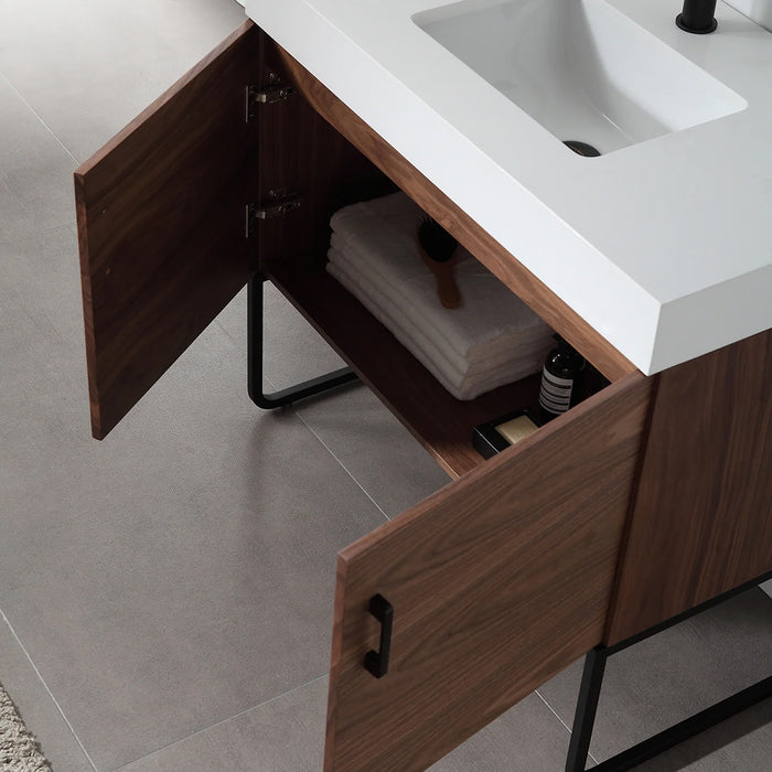 Veemon 2 Doors Bathroom Vanity with Quartz Sink - Floor Mount - 36" Wood/Metal/Walnut/Black