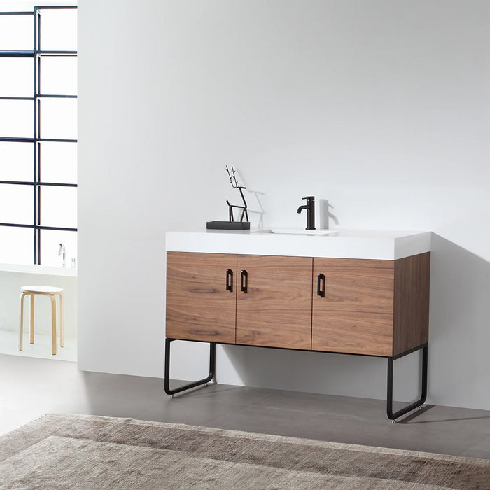 Veemon 3 Doors Bathroom Vanity with Quartz Sink - Floor Mount - 48" Wood/Metal/Walnut/Black