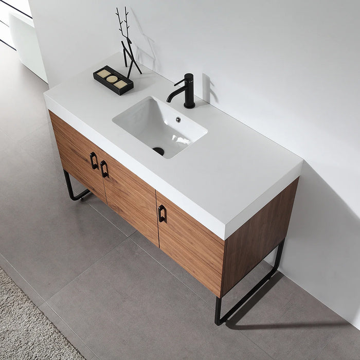 Veemon 3 Doors Bathroom Vanity with Quartz Sink - Floor Mount - 48" Wood/Metal/Walnut/Black