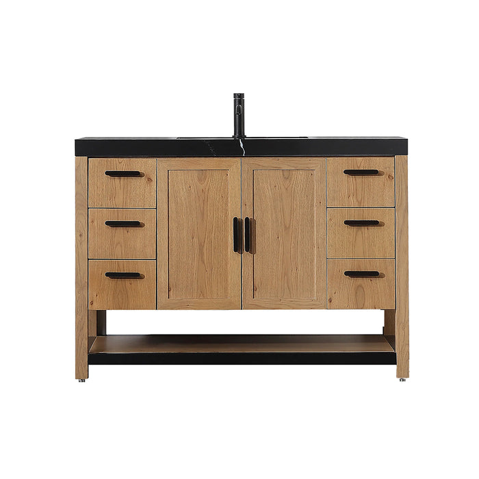 Winchester 6 Drawers And 2 Doors Bathroom Vanity with Black Quartz Sink - Floor Mount - 48" Wood/Pecan Oak